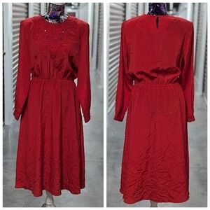 Cottagecore Boho Prairie Vintage Red Midi Dress Embroidered Modest Mikado 14
